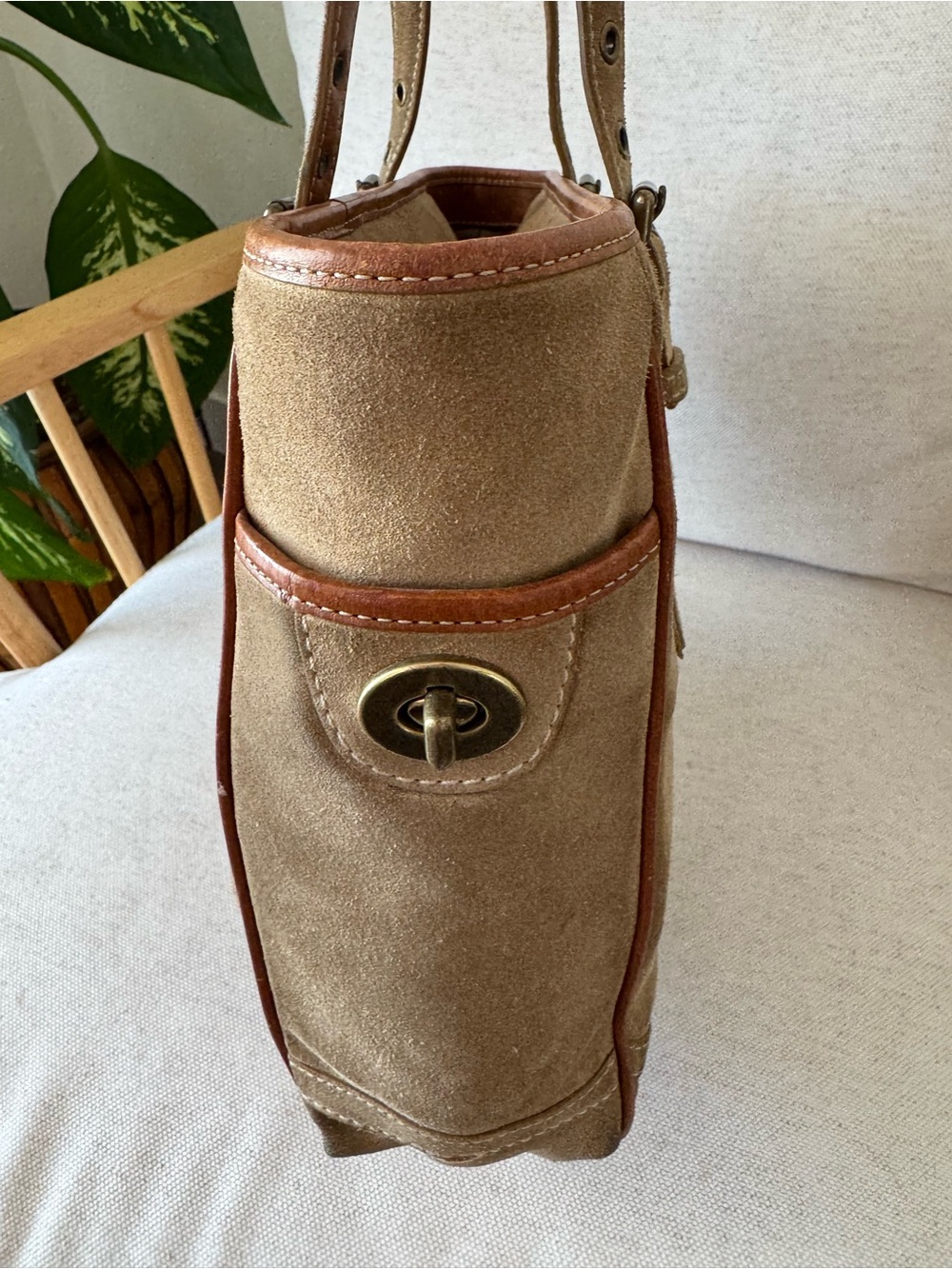Vintage Coach Y2K Tan Brown Suede Leather Trim Tote Shoulder Bag Purse #F10410 - Picture 12 of 17